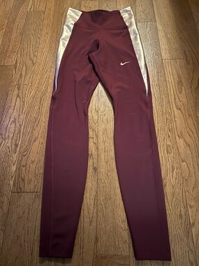 Nike Burgundy Leggings with Metallic Silver/Gold Panels